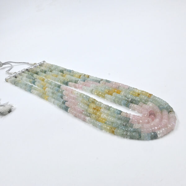 Close-Up of Aquamarine Faceted Tyre Beads – 5-Line Handmade Necklace