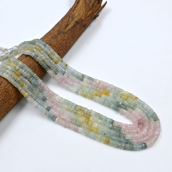 Close-Up of Aquamarine Faceted Tyre Beads – 5-Line Handmade Necklace